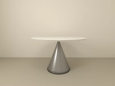Modern Dining Table With White Round Tabletop And Conical Silver Metal Base In Beige Background 3d model