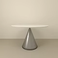 Modern Dining Table With White Round Tabletop And Conical Silver Metal Base In Beige Background