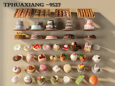 Assorted Delicious Desserts Display with Cakes Cupcakes Pastries and Sweet Treats on Shelves 3d model