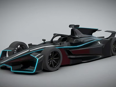 Sleek black racing car with blue neon lines showcases futuristic streamlined design 3d model