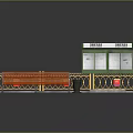 Bus Station With Orange Bench Green Information Board Trash Can And Yellow Railing