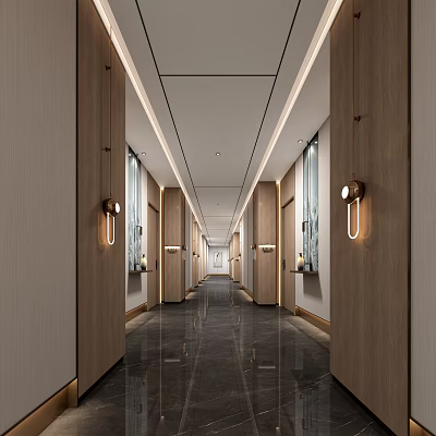 Modern Hotel Corridor With Wooden Walls Elegant Lighting And Polished Dark Marble Floor 3d model