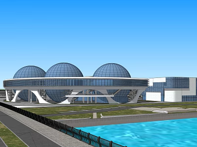 Modern Architectural Structure With Three Spherical Glass Domes And Waterfront Greenery 3d model