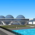 Modern Architectural Structure With Three Spherical Glass Domes And Waterfront Greenery 3d model