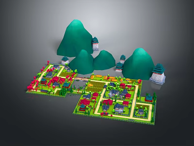 3D Model Village Scene With Green Mountains And Colorful Traditional Buildings 3d model