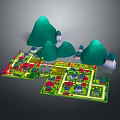 3D Model Village Scene With Green Mountains And Colorful Traditional Buildings