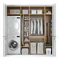 Organized Closet With Washing Machine Dryer Hanging Shirts Storage Baskets Folded Towels And Laundry Supplies