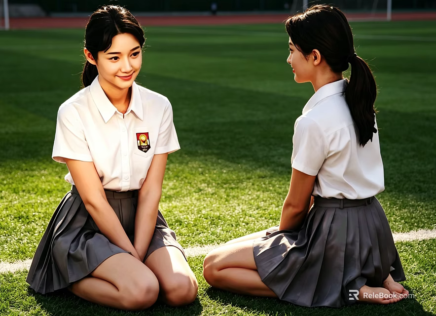 Two Young Women in School Uniforms Sitting on Green Grass Field Facing Each Other 3d model 