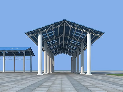 Outdoor Canopy with Blue Roof White Pillars and Metal Structure for Plaza Open Space 3d model