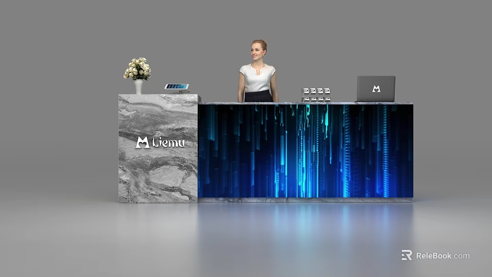 Modern Reception Desk With Blue Striped Design Marble Side Cabinet Vase And Tablet 3d model 