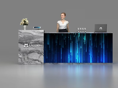 Modern Reception Desk With Blue Striped Design Marble Side Cabinet Vase And Tablet 3d model
