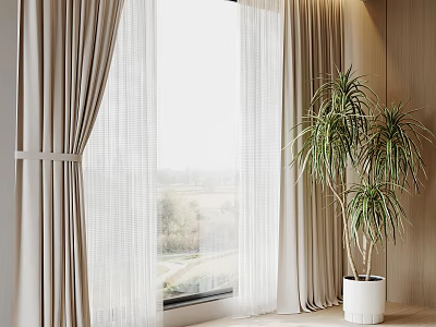 Beige Curtains With Sheer Layers And Potted Plant By Scenic Window 3d model