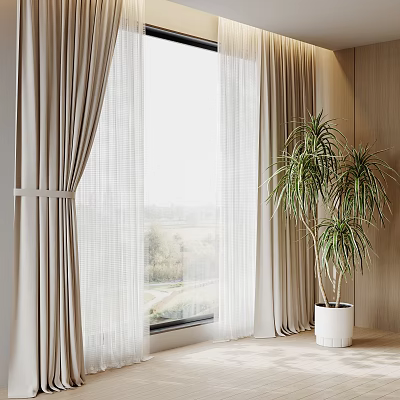 Beige Curtains With Sheer Layers And Potted Plant By Scenic Window 3d model