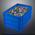 Blue Stackable Plastic Crate Filled With Fresh Silver Fish For Seafood Storage