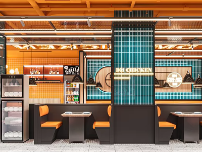 Elegant Modern Open concept Restaurant Interior Featuring Orange Blue Tones Marble Cabinets And Pendant Lights 3d model