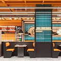 Elegant Modern Open concept Restaurant Interior Featuring Orange Blue Tones Marble Cabinets And Pendant Lights
