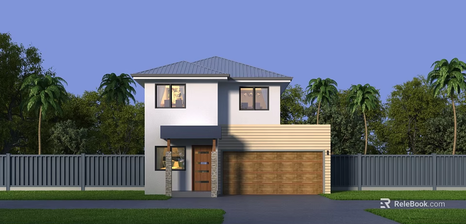 Two Story Detached House with Gray Roof White Walls Brown Garage Door and Palm Trees 3d model 