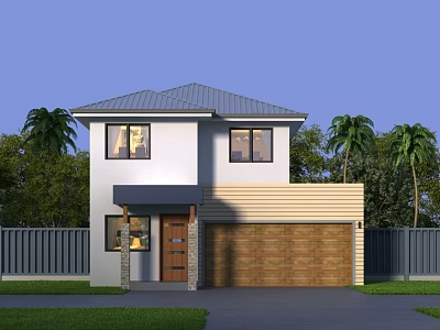 Two Story Detached House with Gray Roof White Walls Brown Garage Door and Palm Trees 3d model