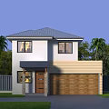 Two Story Detached House with Gray Roof White Walls Brown Garage Door and Palm Trees