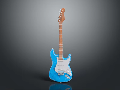 Blue Electric Guitar With Glossy Body Wooden Neck And Chrome Pickups 3d model