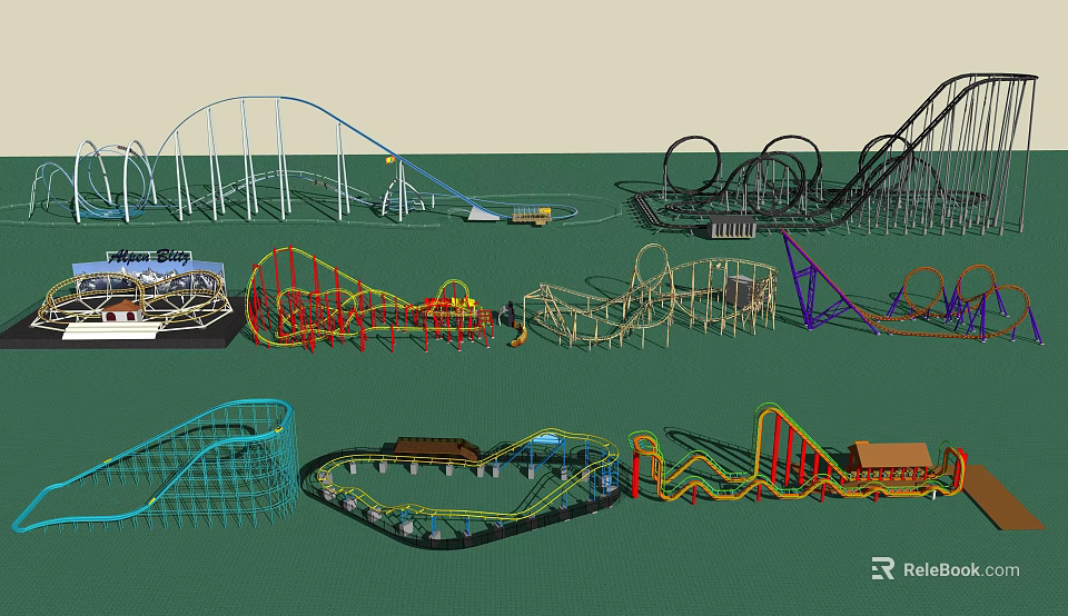 Vibrant Amusement Park Rides Featuring Roller Coasters Loops And Colorful Tracks 3d model 