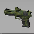 Modern Military Style Futuristic Pistol With Green Camouflage Pattern Tactical Scope And Ergonomic Grip