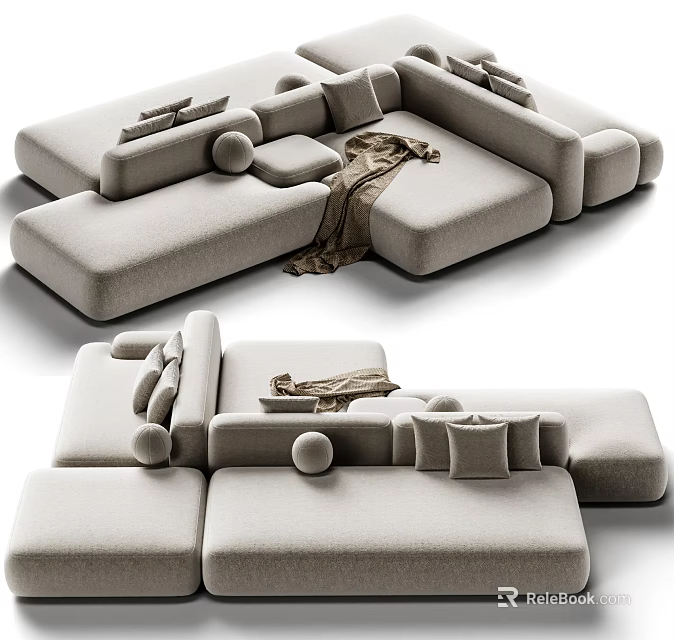Modern Modular Sectional Sofa Light Gray Fabric With Round Pillows Throw Blanket And Cushions 3d model 