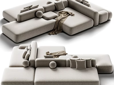 Modern Modular Sectional Sofa Light Gray Fabric With Round Pillows Throw Blanket And Cushions 3d model