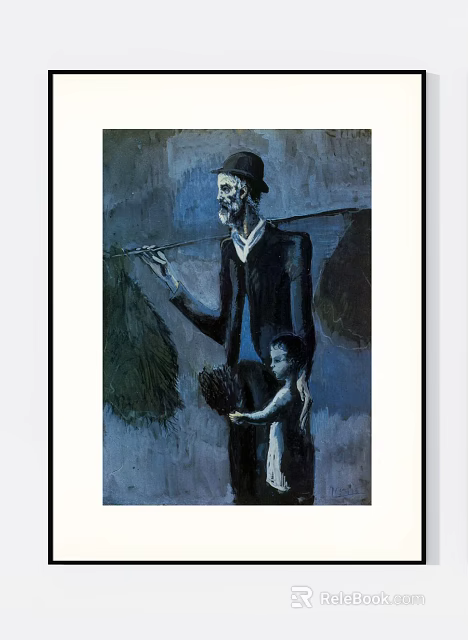 Blue Toned Figure Painting Of Elderly Man With Child Carrying Bundles 3d model 