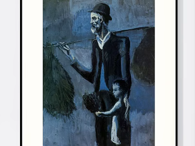 Blue Toned Figure Painting Of Elderly Man With Child Carrying Bundles 3d model
