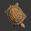 Colorful Decorative Turtle Sculpture With Patterned Shell On Dark Reflective Background 3d model
