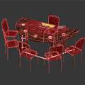 Red Surface Entertainment Table With Black Edge Six Red Chairs And Poker Chips On Top