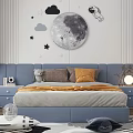 Kids Room Interior With Starry Sky Theme Moon Astronaut Decor Blue Furniture And Planet Rug
