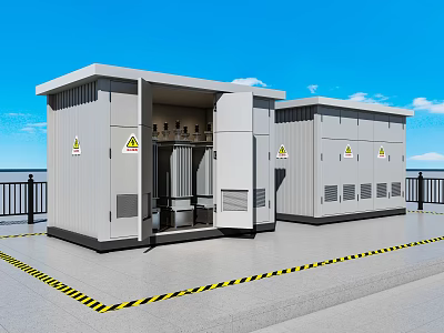 Public Facilities Grey Box Structures With Warning Signs On Outdoor Platform With Yellow Black Tape 3d model