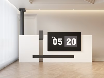 Modern Minimalist Interior With Digital Clock Showing 0520 And Wooden Floor 3d model