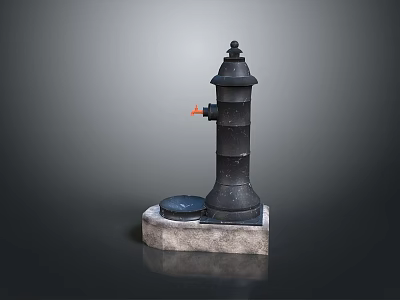 Black Fire Hydrant With Hexagonal Concrete Base Pointed Top Orange Outlet And Round Cover 3d model