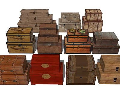 Vintage Wooden Boxes In Various Styles With Different Materials Stacked And Decorative Elements 3d model