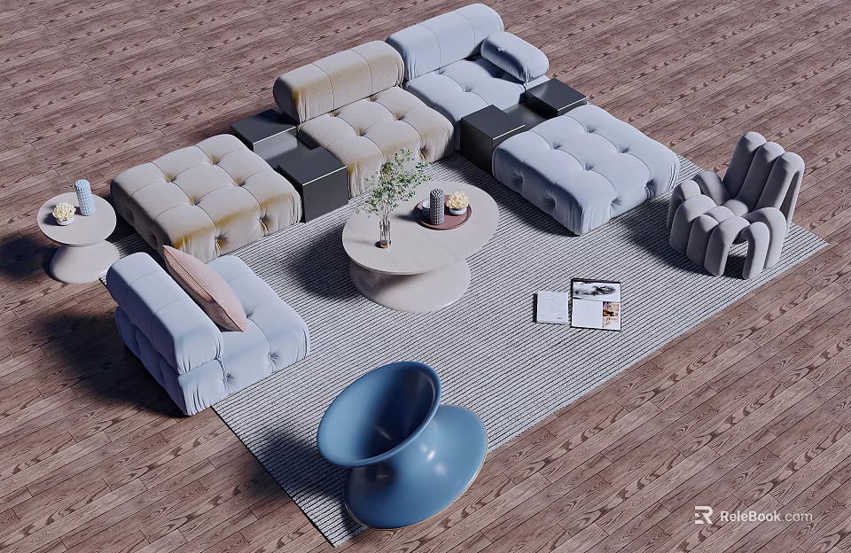 Modern Upholstered Sofa And Round Coffee Table Set With Decorative Plants And Gray Rug 3d model 