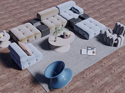 Modern Upholstered Sofa And Round Coffee Table Set With Decorative Plants And Gray Rug 3d model