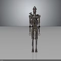 Metallic Humanoid Robot with Mechanical Structure Holding Weapon in Standing Pose on Reflective Gray Floor 3d model