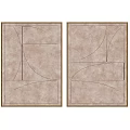 Two Abstract Paintings With Light Brown Background And Geometric Lines In Wooden Frames