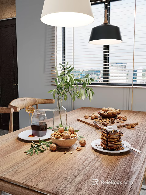 Delicious Stack of Pancakes with Honey Walnuts and Coffee on Wooden Table by Window 3d model 