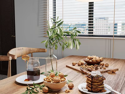 Delicious Stack of Pancakes with Honey Walnuts and Coffee on Wooden Table by Window 3d model