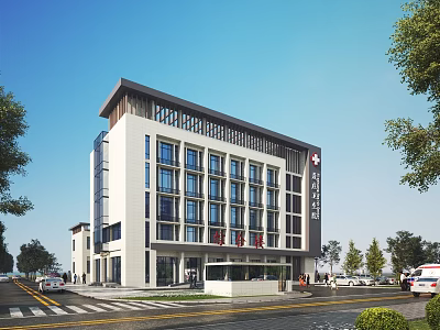 Modern Hospital Building With White Exterior Large Windows Medical Signage And Surrounding Trees 3d model