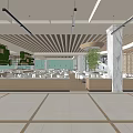 Modern Restaurant Interior With Wooden Strip Ceiling Circular Partition Marble Floor Green Plants And Staircase