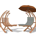 Wooden Lounge Chair with Curved Design Attached Umbrella and Gray Cushion Outdoor Relaxation Furniture