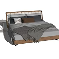 Modern Beige Double Bed With Upholstered Headboard Multiple Pillows And Cozy Blanket 3d model