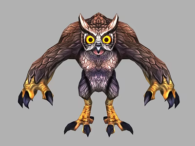 Fantasy Owl Game Movie Character With Yellow Eyes Brown Feathers And Sharp Claws 3d model