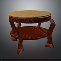Round Top Furniture Featuring Textured Surface Red Wooden Curved Legs And Lower Shelf