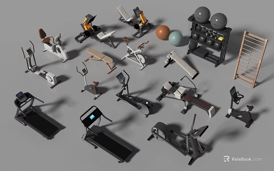 Various Home Gym Fitness Equipment Including Treadmills Dumbbells Exercise Balls And Workout Benches 3d model 